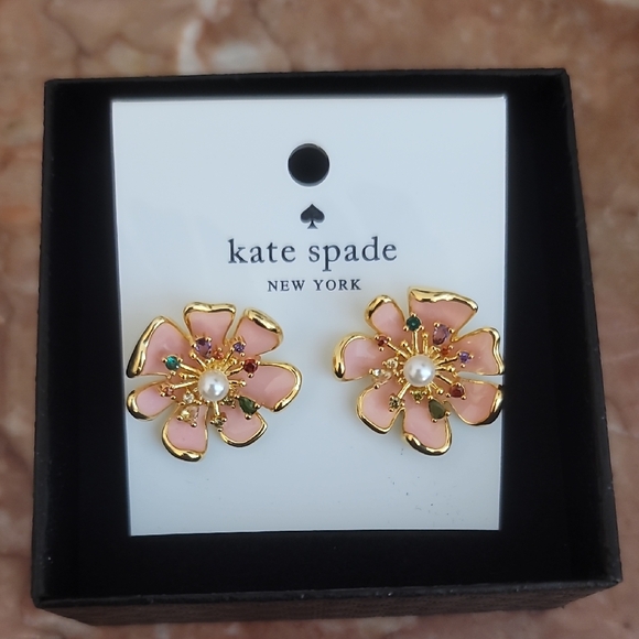 kate spade Jewelry - NWOT Kate Spade Floral Pink w Gold Trim Earrings